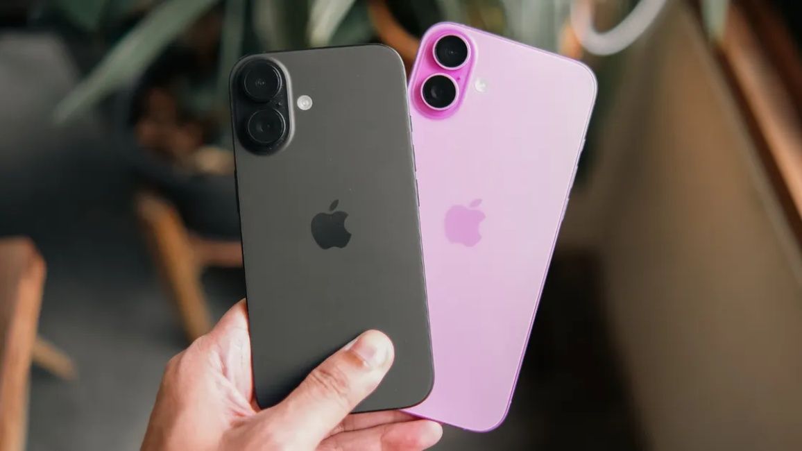 iPhone 16 and iPhone 17 in hand shot iPhone 16 and iPhone 17 in hand shot