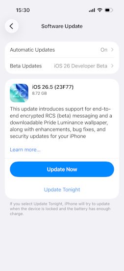iOS 26.5 Release Candidate 2 update screenshot