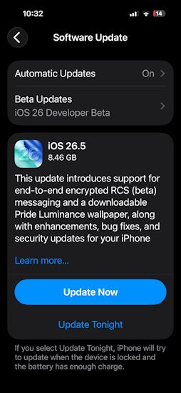 iOS 26.5 Release Candidate update page