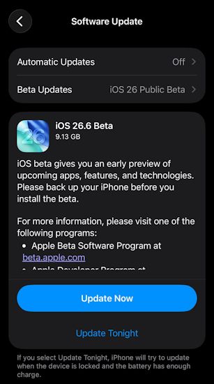 iOS 26.6 public beta 1 update screenshot