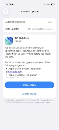 iOS 26.6 developer beta 1 update page screenshot