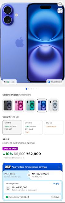 iPhone 16 Flipkart SASA sale 2026 deal