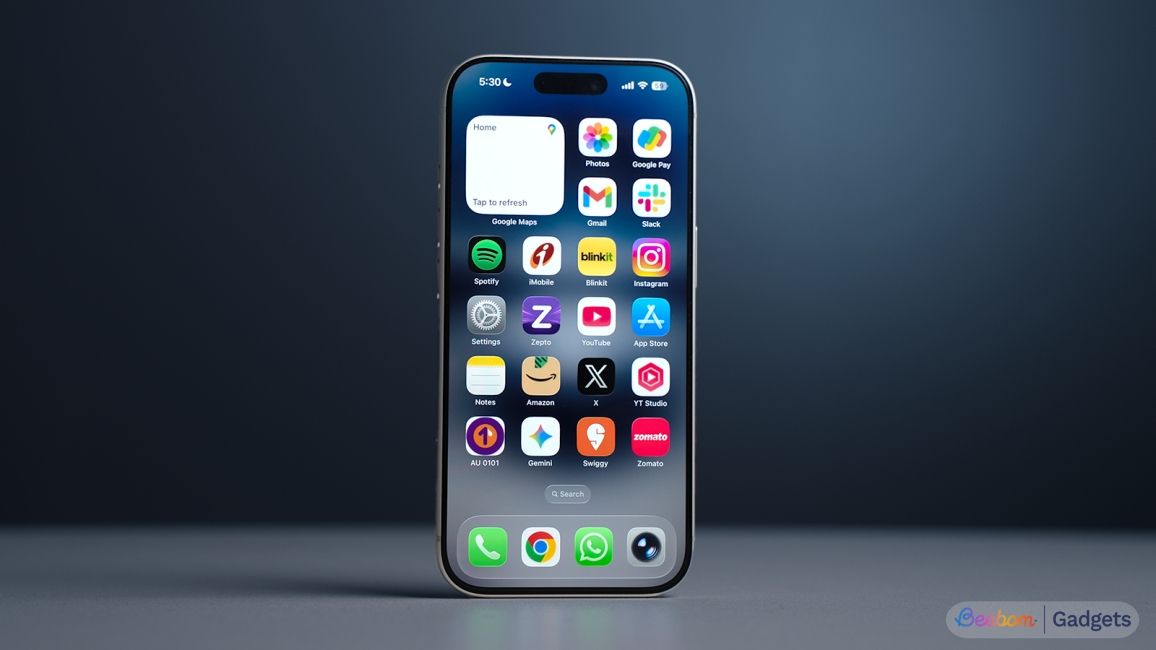 shot of iphone standing upright on a desk showing front display