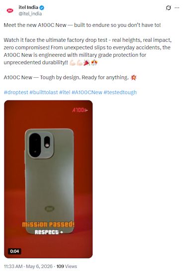 Itel A100C launch announcement screenshot