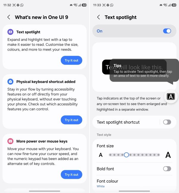 screenshot from one ui 9 showing new accessibility features including text spotlight screenshot from one ui 9 showing new accessibility features including text spotlight