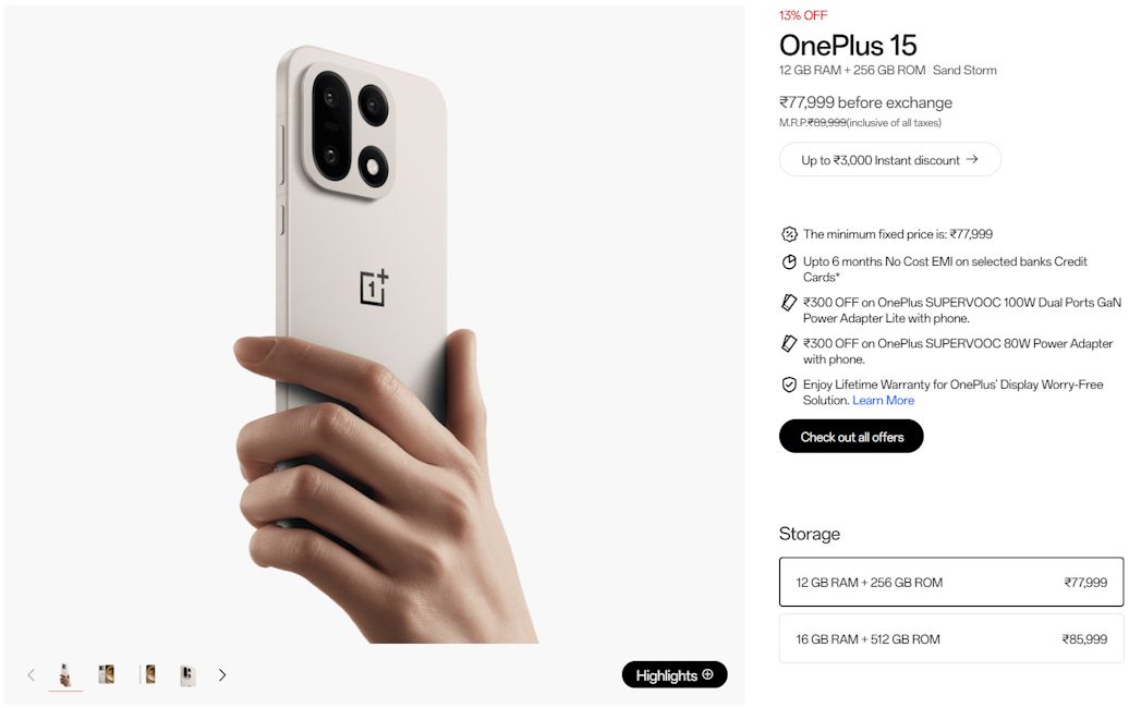 OnePlus 15 price in India hiked screenshot
