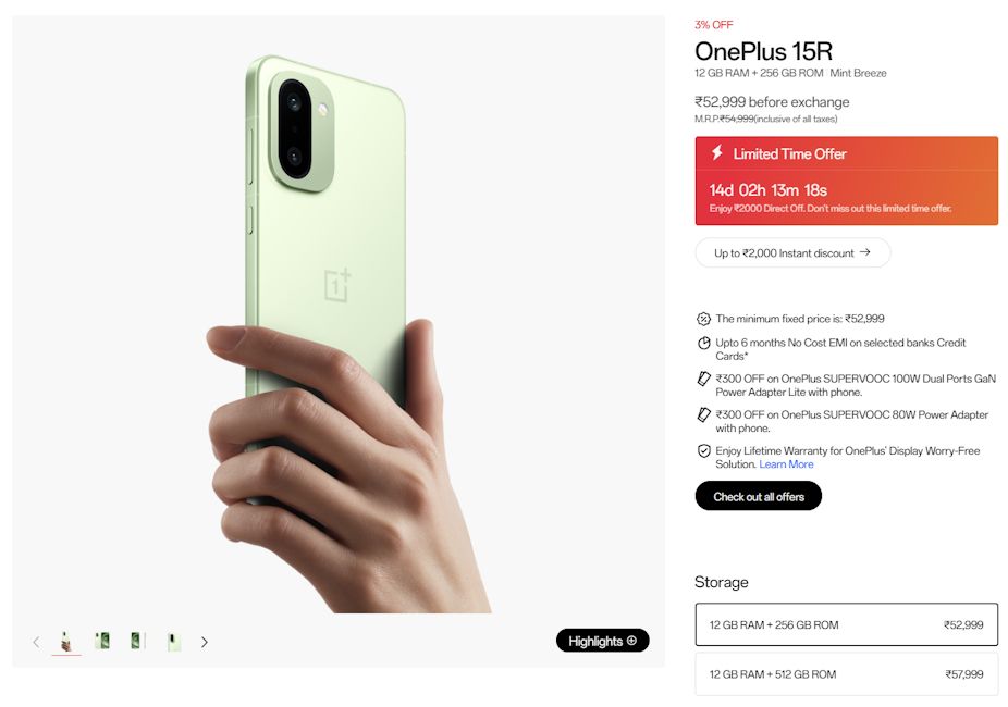 OnePlus 15R price in India hiked screenshot