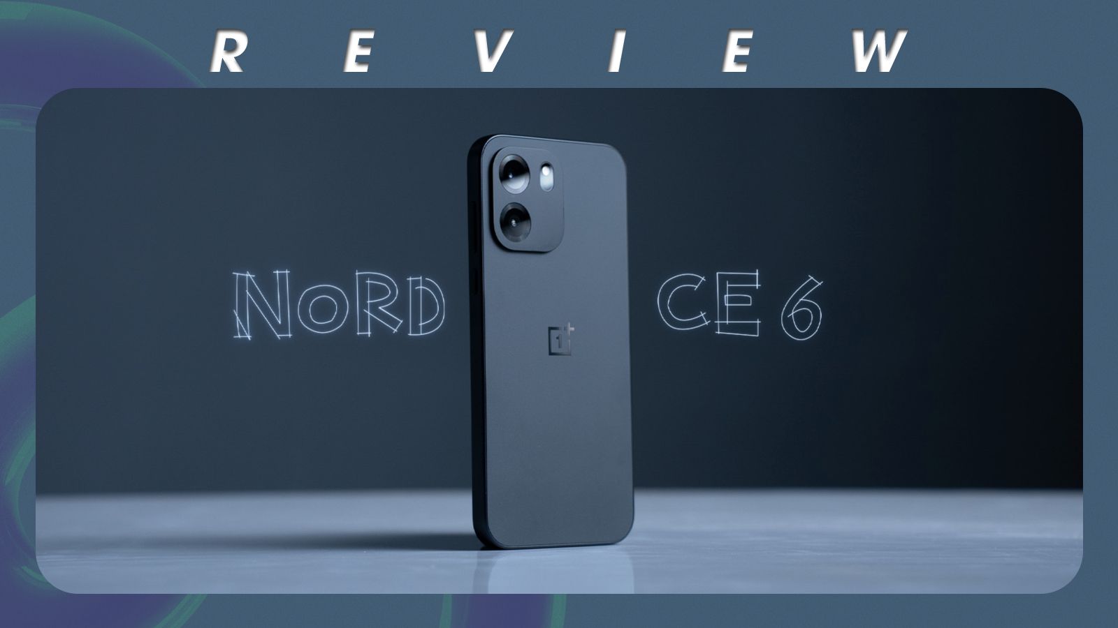 shot of the OnePlus Nord CE 6 standing upright on a desk with a dark grey background