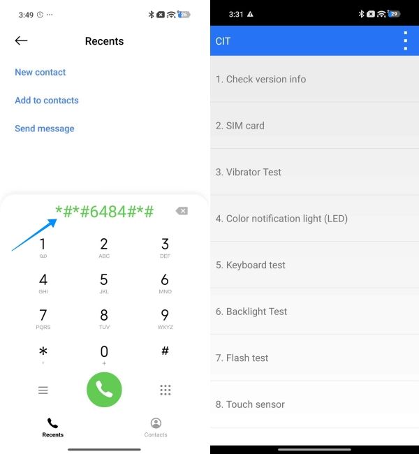 screenshot from a xiaomi phone showing how to enter secret code to open cit menu