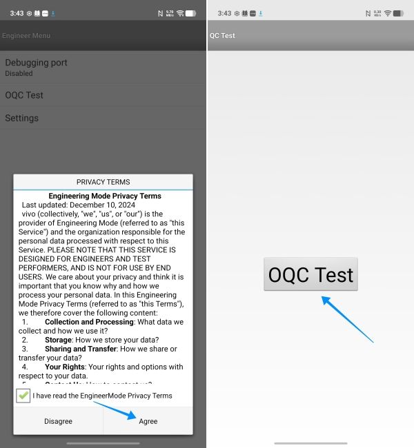 screenshot from a vivo phone showing oqc test menu screenshot from a vivo phone showing oqc test menu