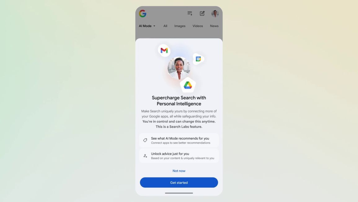 ai mode personalisation prompt page on android, gradient background