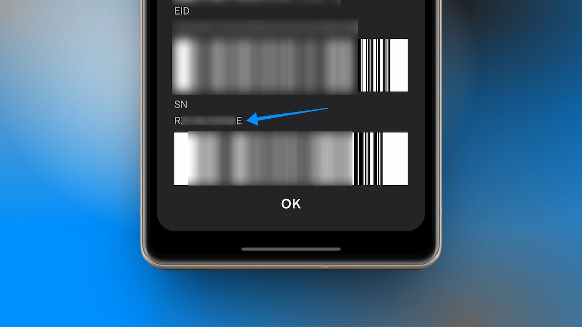 samsung phone showing serial number, gradient blue background