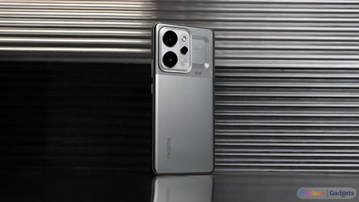 shot of Realme P4 Power standing upright on a desk with glass-like textures