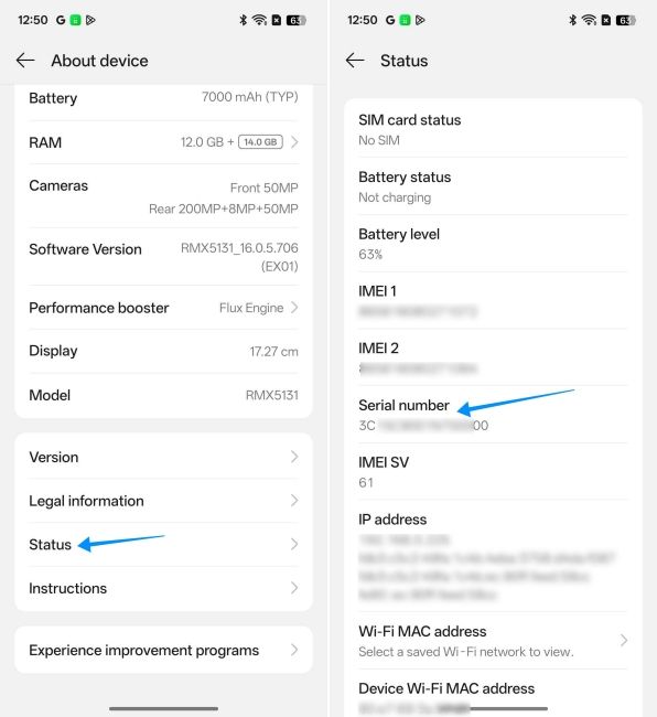screenshot from a realme phone showing how to find the serial number via settings screenshot from a realme phone showing how to find the serial number via settings