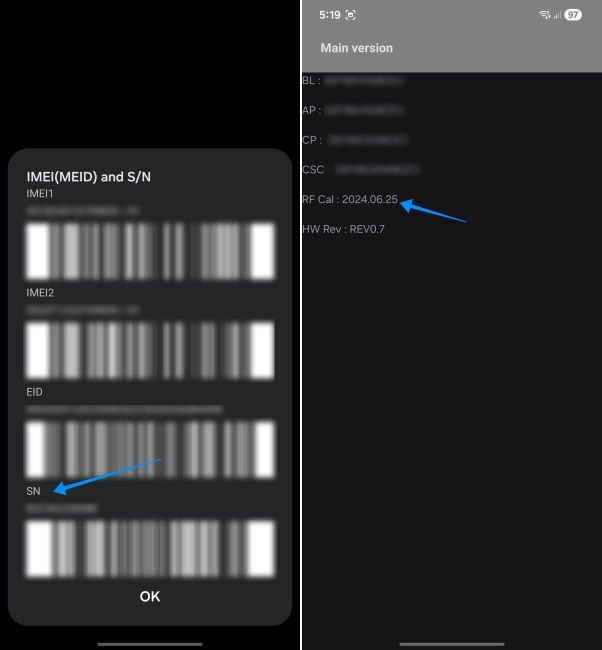 screenshot from one ui showing hidden serial number and manufacturing date details
