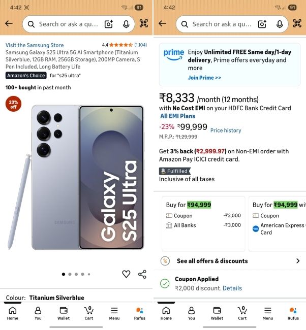 screenshot from amazon app showing galaxy s25 ultra with huge discount