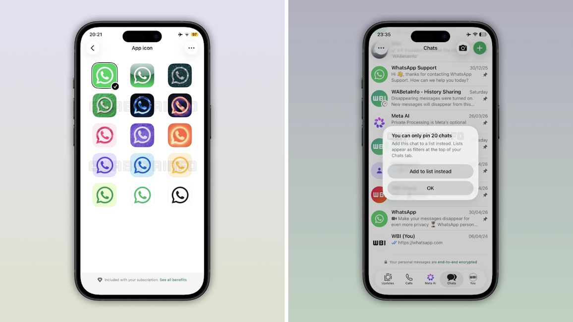 WhatsApp Plus app icons and expanded chat pinning