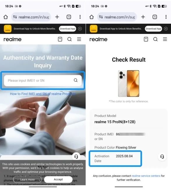 screenshot from realme phone showing warranty information