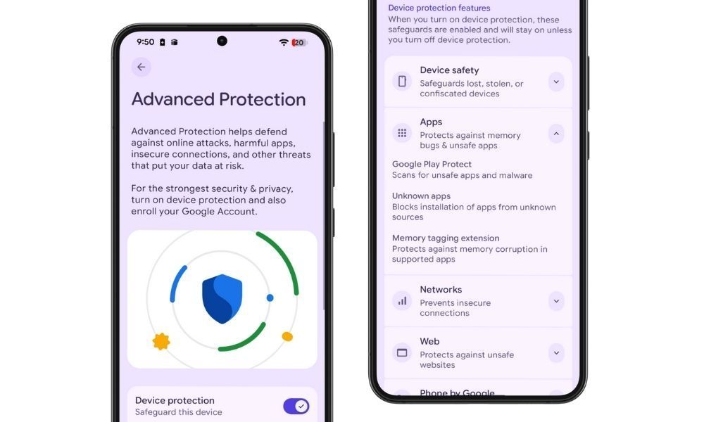 Advanced Protection Mode Android settings menu