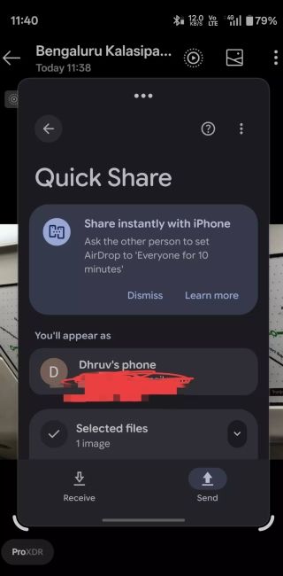 OnePlus 15 Quick Share app showing Share with iPhone prompt