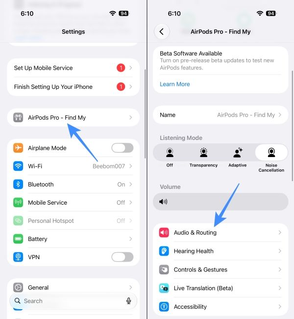 AirPods option in iPhone Air Settings AirPods option in iPhone Air Settings
