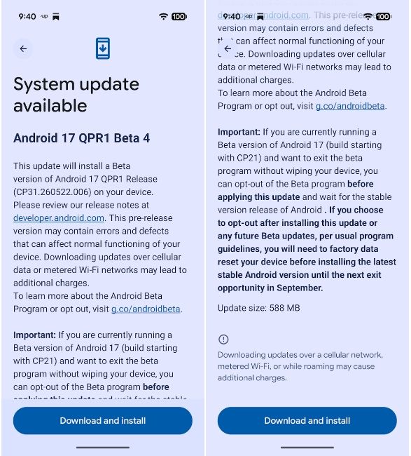 Android 17 QPR1 Beta 4 update screen on Google Pixel 10 Android 17 QPR1 Beta 4 update screen on Google Pixel 10