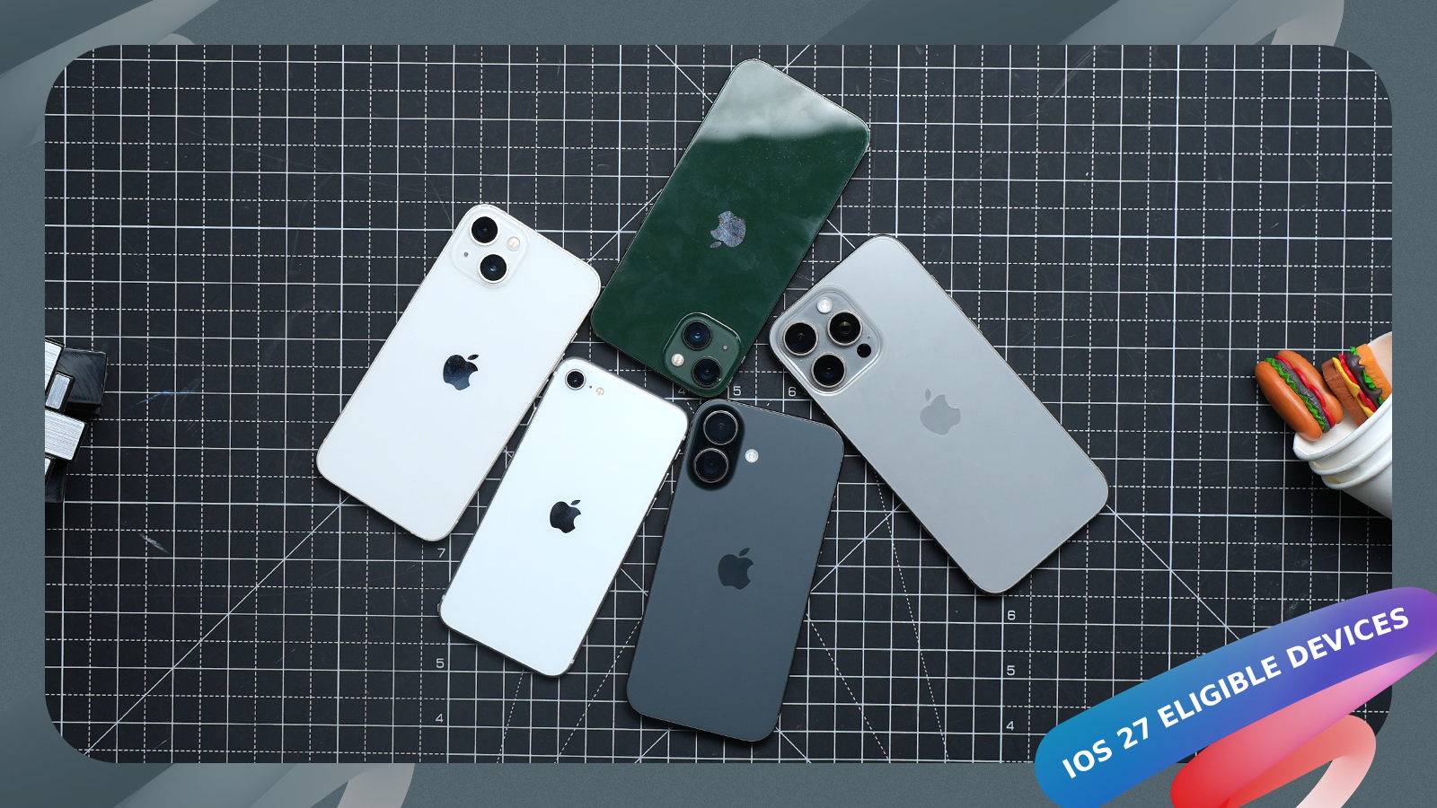 shot of multiple iPhones placed on a desk with grid patterns