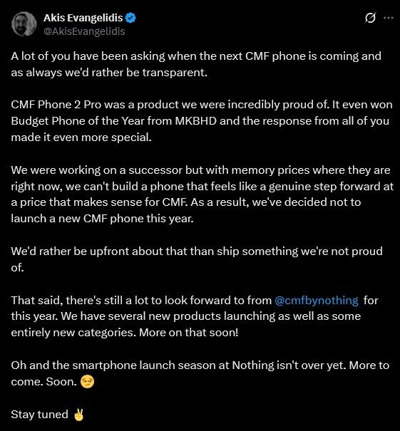 Post from Akis Evangeledis about Phone 3 Pro being postponed Post from Akis Evangeledis about Phone 3 Pro being postponed