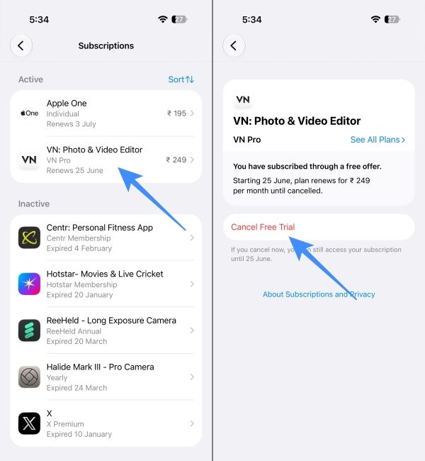 Cancel Subscription from the active tab on iPhone Cancel Subscription from the active tab on iPhone