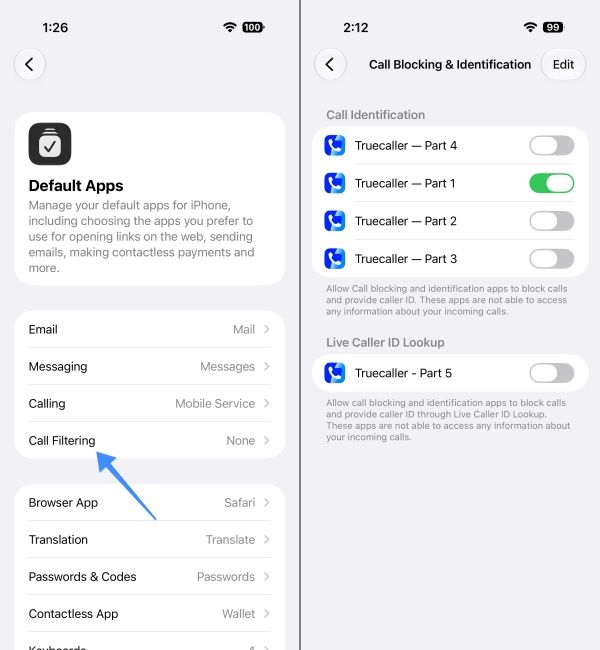 Change default Call Filtering app on iPhone