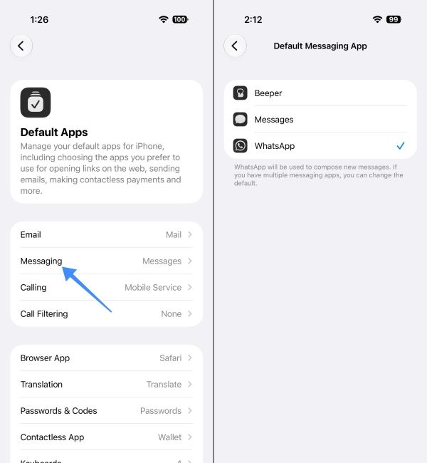 iPhone screenshots showing the process of changing default messaging app