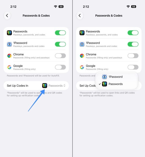 Change Default Set Up Codes in Preference in the Password Manager section in iPhone