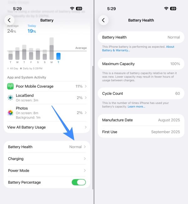 Check Battery Health Settings on iPhone screenshots