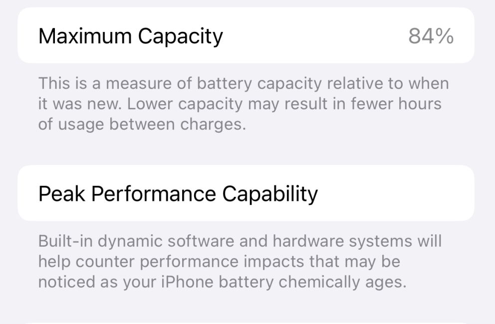 Check Peak Performance Capability in iPhone Battery Health & Charging Settings