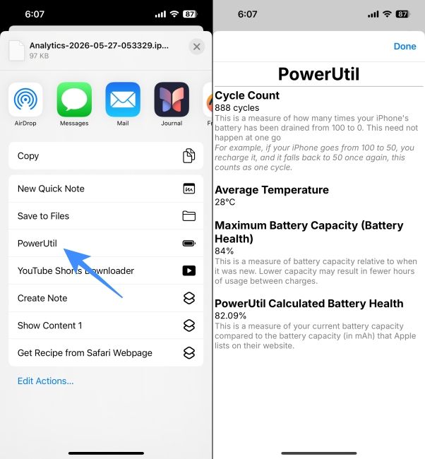 Check iPhone Charge Cycle using PowerUtil Shortcut