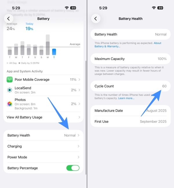 Check iPhone Charge Cycles in iOS 