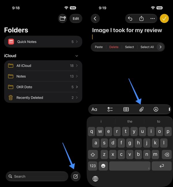 Create a new note and click on the attach icon above the keyboard