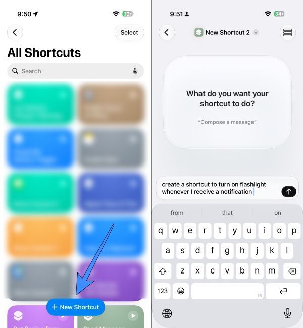 Creating a new shortcut on an iPhone
