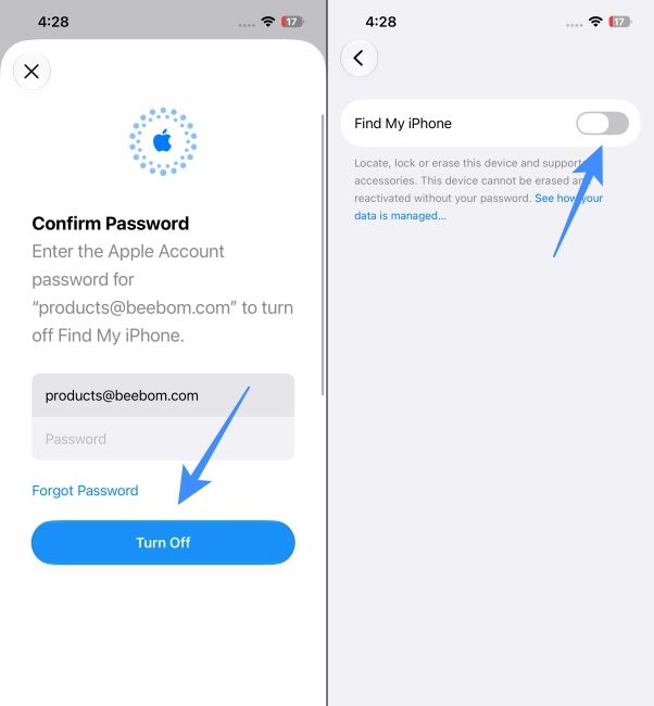 Enter Apple ID password and tap on turn off 