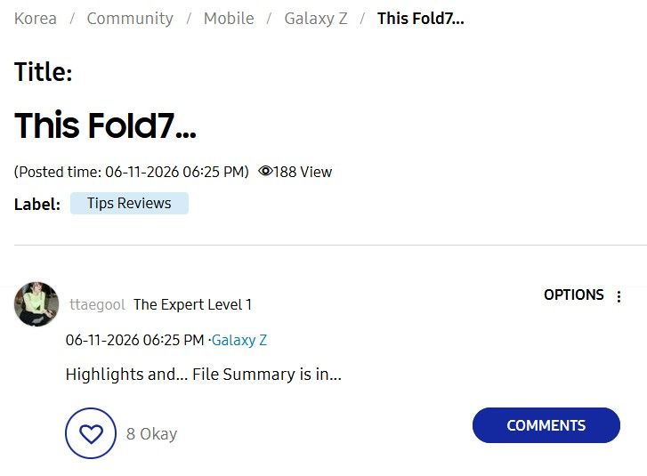 Samsung Community Korea with One UI 8.5 AI features on Galaxy Z Fold 7