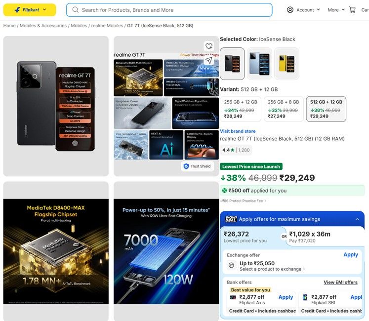Realme GT 7T flipkart page with deal price and storage variants