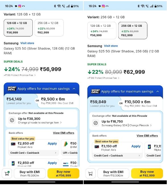 Samsung Galaxy S25 flipkart page with 128 GB and 256 GB variant prices