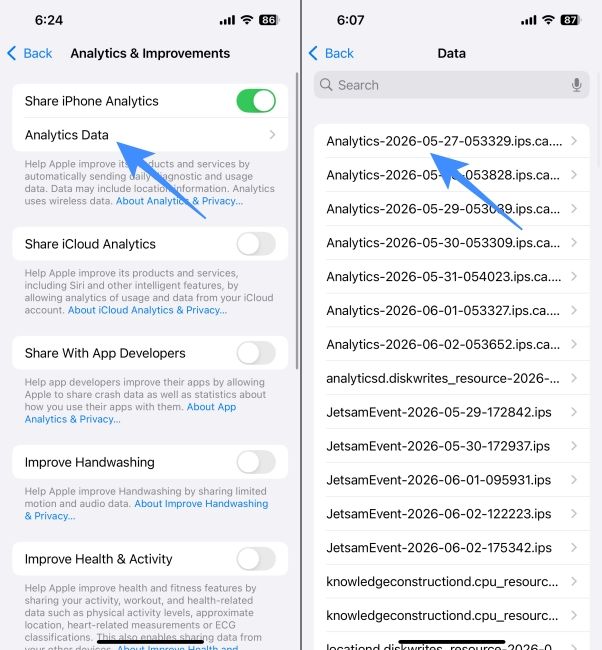 Go to Analytics log file of your iPhone