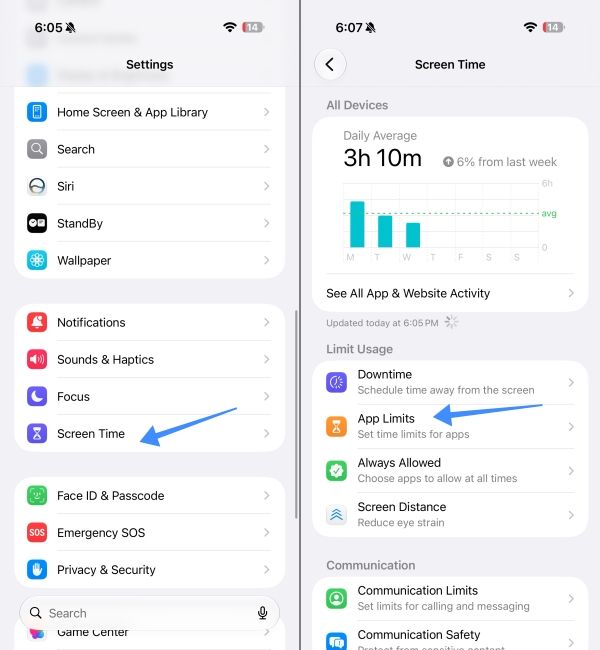 Go to App Limits in Screen Time settings on IPhone