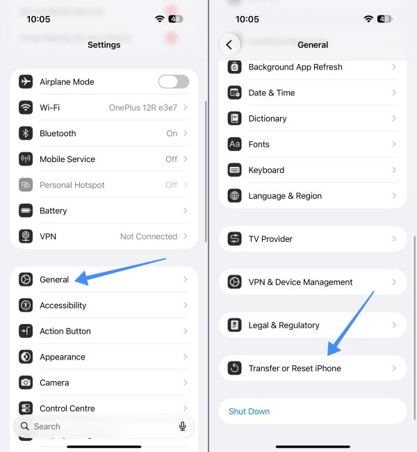 Go to Transfer and reset iPhone 