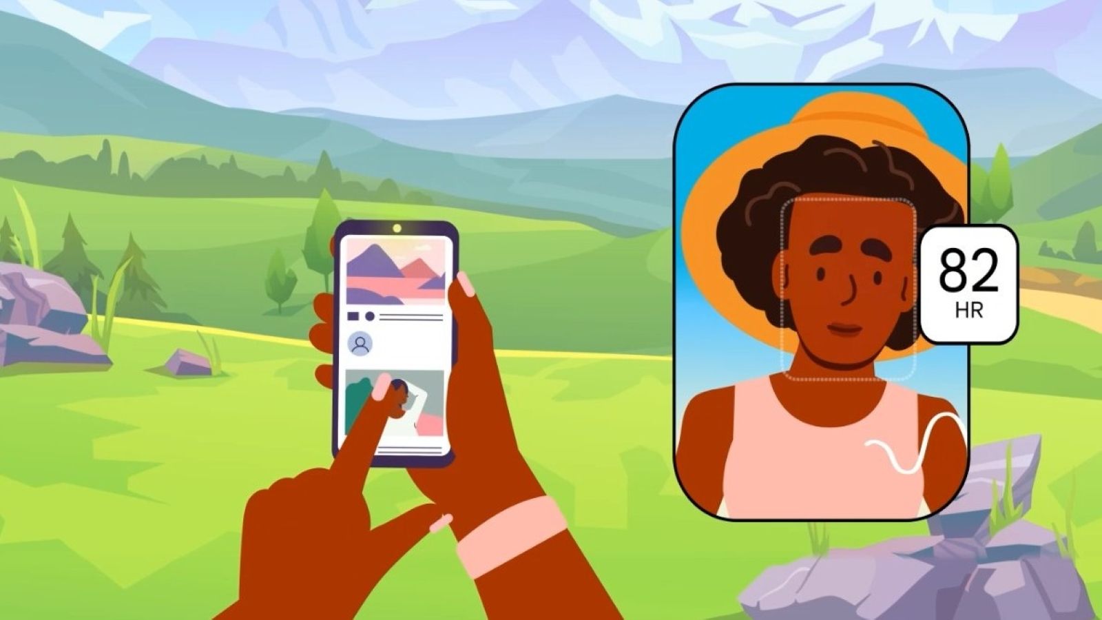 Illustration of a phone measuring a person's heart rate using the front camera