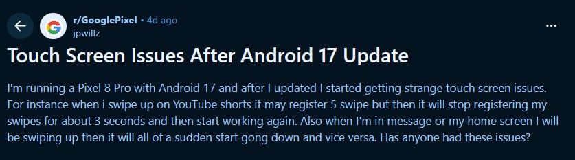 Google Pixel touch screen issues after Android 17 update on reddit Google Pixel touch screen issues after Android 17 update on reddit
