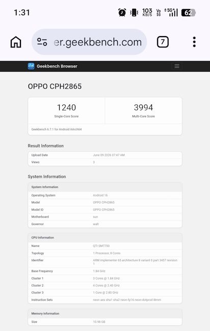 Oppo Reno 16 Geekbench listing for India/ global unit Oppo Reno 16 Geekbench listing for India/ global unit