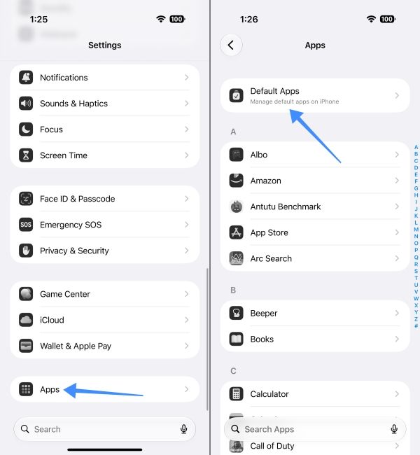 Go to iPhone Settings and go to Apps and Default Apps 