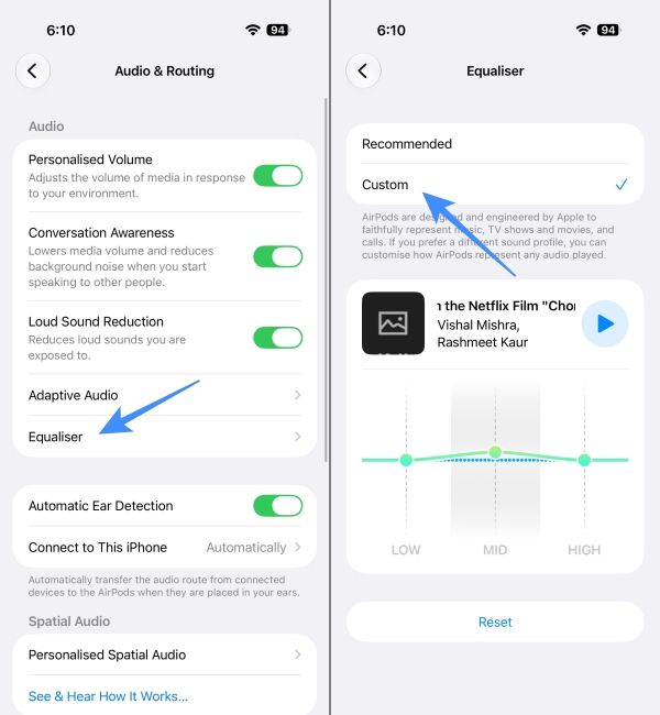 Head to Equaliser in iPhone settings and select Custom Head to Equaliser in iPhone settings and select Custom